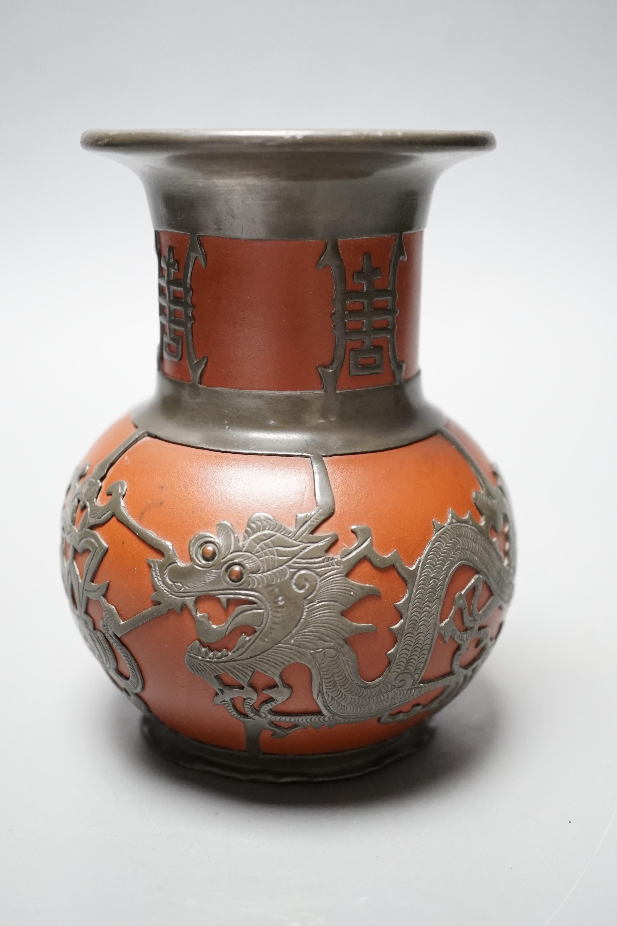 A Chinese pewter mounted redware vase, 1920's, 13cm